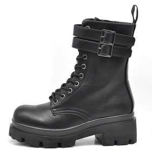 Stivali Stivaletti Platform Donna Anfibi combat boots lacci doppio fibbie Platform MP718-2 nero