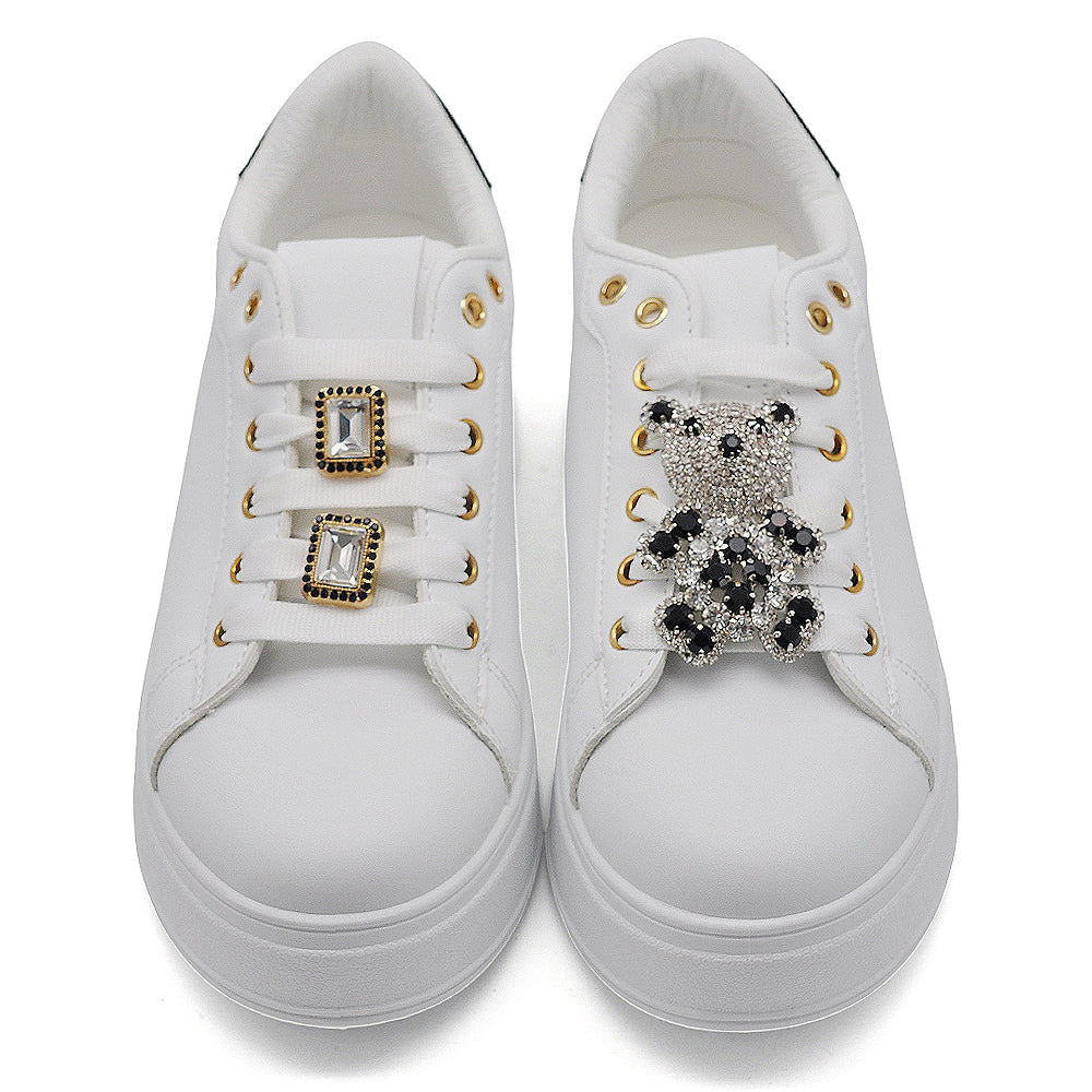 Scarpe Da Donna Ginnastica Sportive Sneaker Moda Gioiello Decorazione A Orsetto Platform Plateau Strass AD-1 bianco