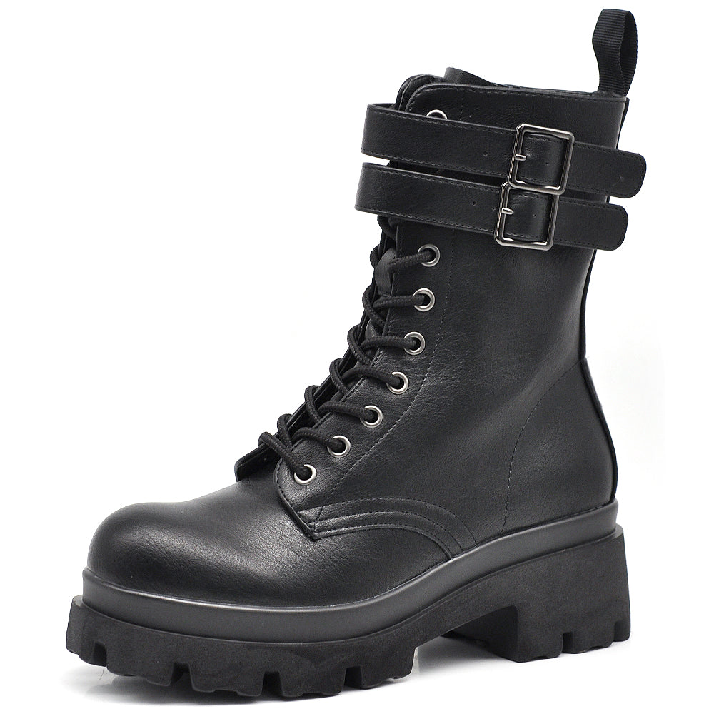 Stivali Stivaletti Platform Donna Anfibi combat boots lacci doppio fibbie Platform MP718-2 nero