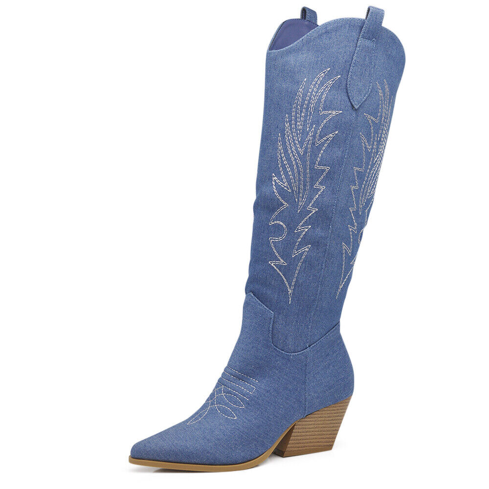 Stivali Stivaletti Da Donna Texani Cowboy Cowgirl A Punta Etnici In Jeans WS110