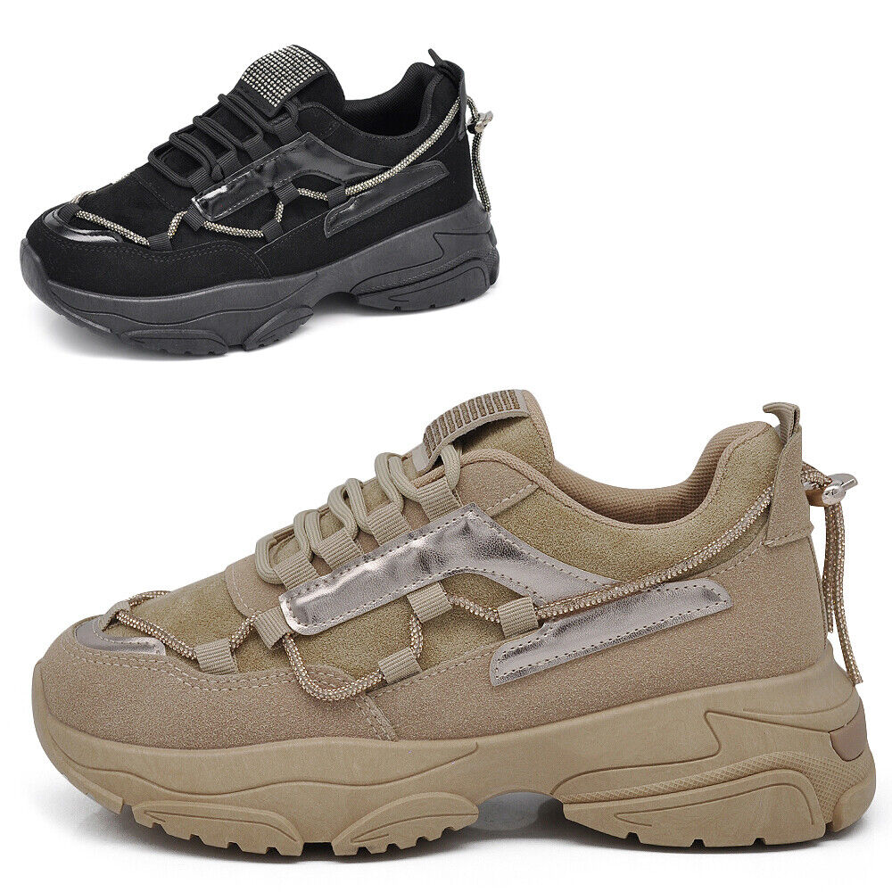 Scarpe Da Donna Ginnastica Sportive Chunky Sneakers Lacci Strass Platform N01