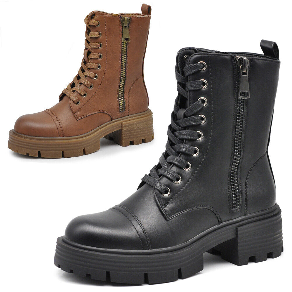 Stivaletti Stivali Anfibi Combat boots Da Donna Platform Zip GR-6646 nero camel