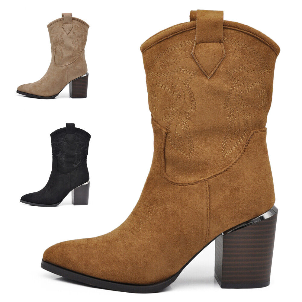 Stivali Stivaletti Da Donna Texani Cowboy Western A Punta Con Tacco Alto XG113