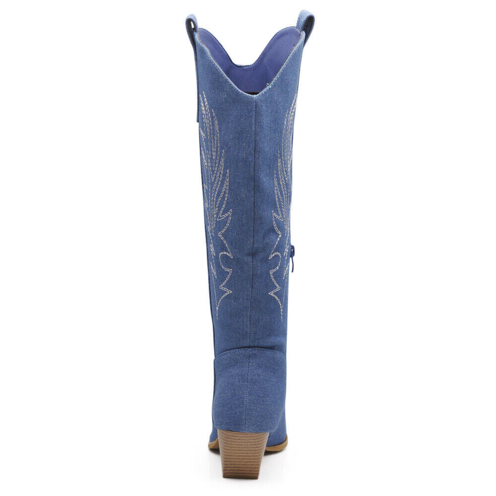 Stivali Stivaletti Da Donna Texani Cowboy Cowgirl A Punta Etnici In Jeans WS110