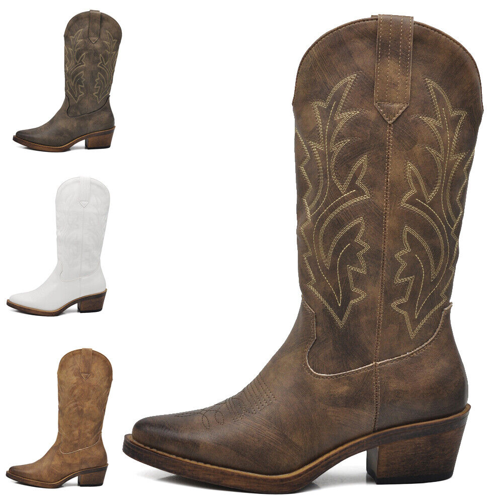 Stivali Stivaletti Da Donna Texani Cowboy Cowgirl A Punta Etnici Ricamati G676