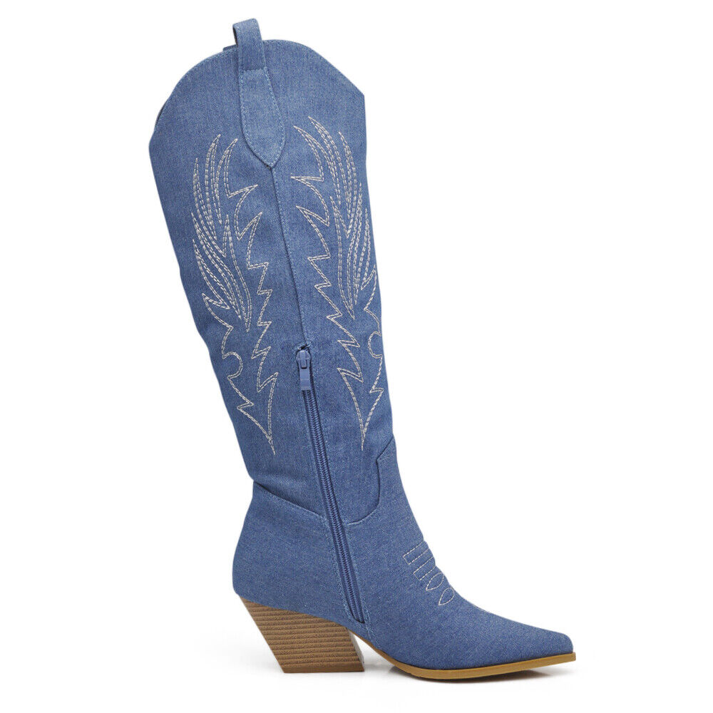 Stivali Stivaletti Da Donna Texani Cowboy Cowgirl A Punta Etnici In Jeans WS110