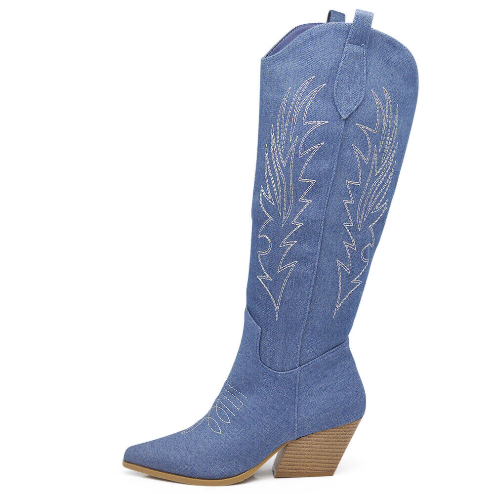 Stivali Stivaletti Da Donna Texani Cowboy Cowgirl A Punta Etnici In Jeans WS110