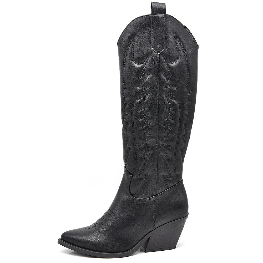 Stivali Alti Da Donna Texani Cowboy Cowgirl A Punta Con Tacco Medio Y03 nero