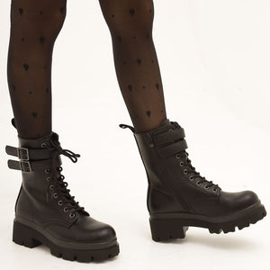 Stivali Stivaletti Platform Donna Anfibi combat boots lacci doppio fibbie Platform MP718-2 nero