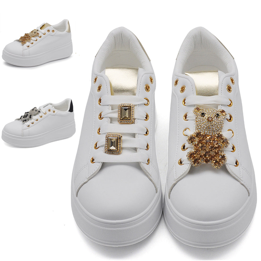 Scarpe Da Donna Ginnastica Sportive Sneaker Moda Gioiello Decorazione A Orsetto Platform Plateau Strass AD-1 bianco