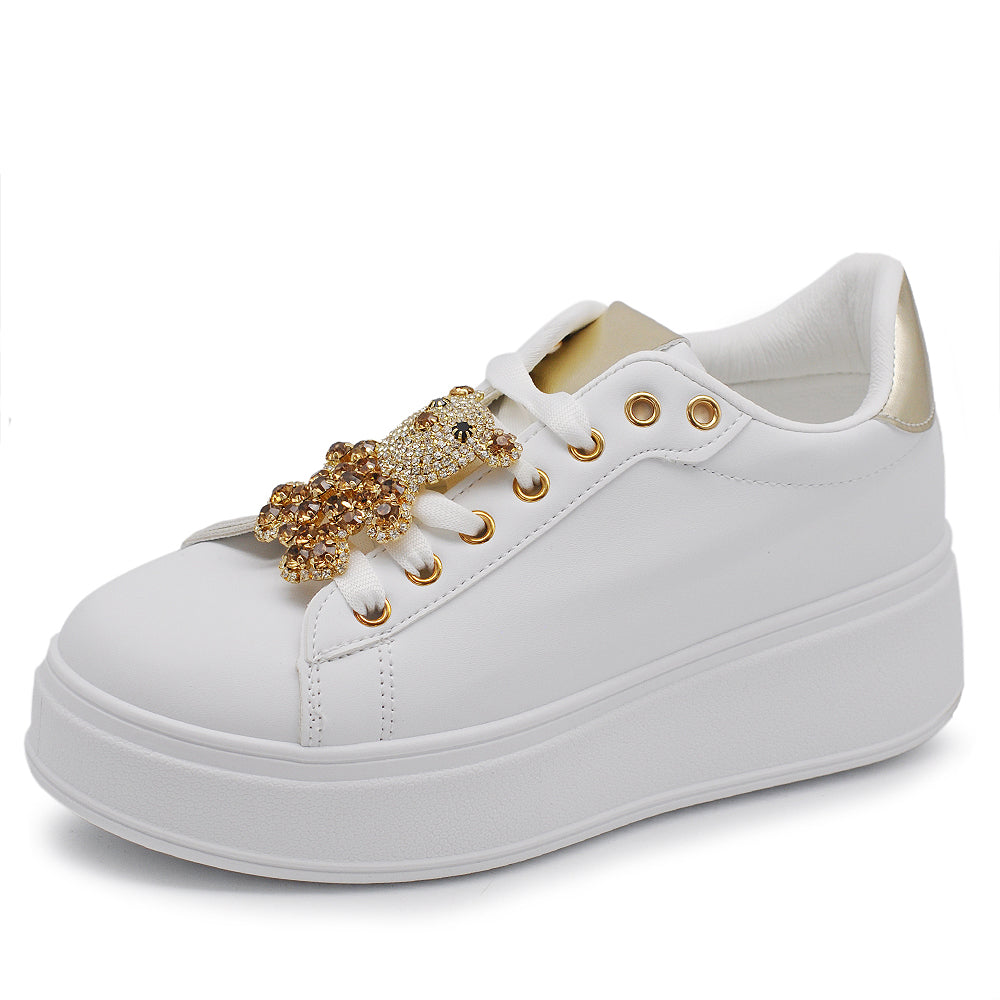 Scarpe Da Donna Ginnastica Sportive Sneaker Moda Gioiello Decorazione A Orsetto Platform Plateau Strass AD-1 bianco