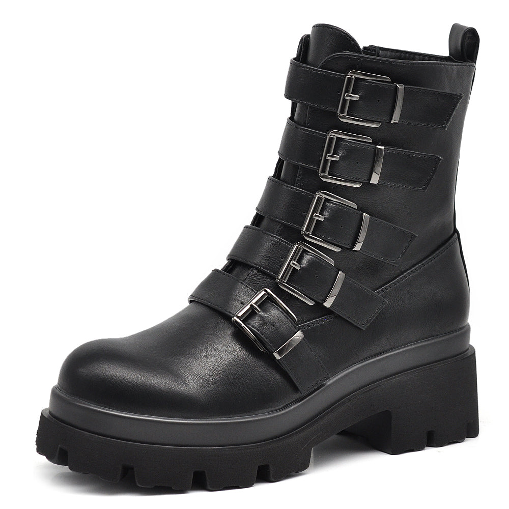 Stivali Stivaletti Platform Donna Anfibi combat boots multi fibbie Platform carrarmato  MP718 nero