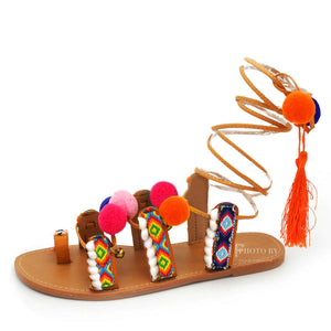 Scarpe Sandali Da Donna Schiava Ibiza Pom Pom Etniche Frange Colorate IF1317