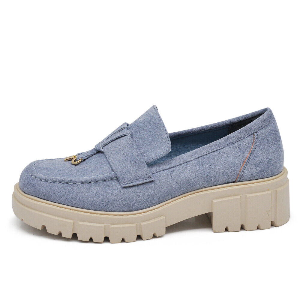 Scarpe Mocassini Loafers Slip On Scamosciati Da Donna Platform D8102 Khaki blu