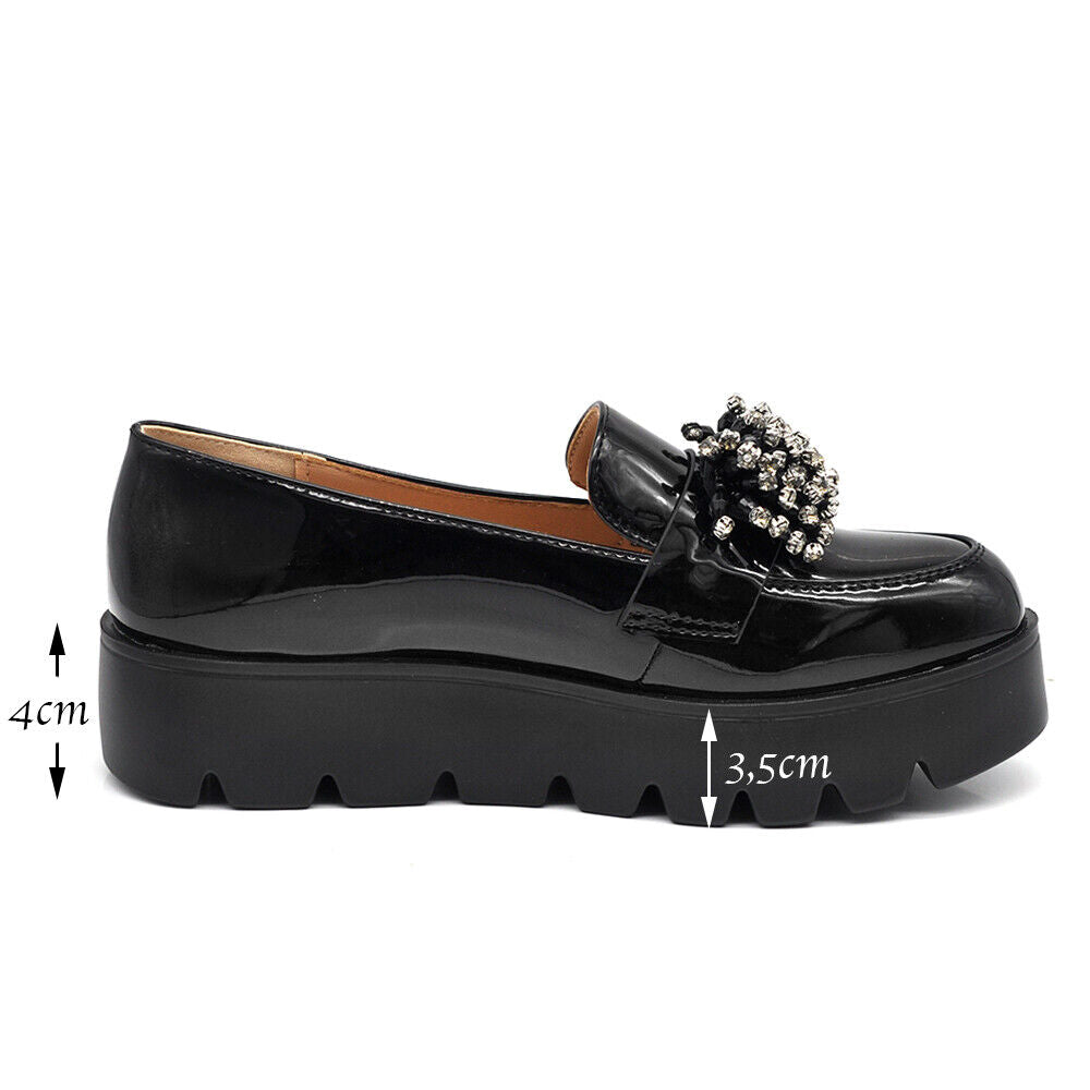Scarpe Mocassini Loafers Slip On Lucido Pom Pom Da Donna Platform SA9982 Nero